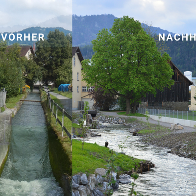 Der Mühlbach vor und nach der Renaturierung © MG Rankweil